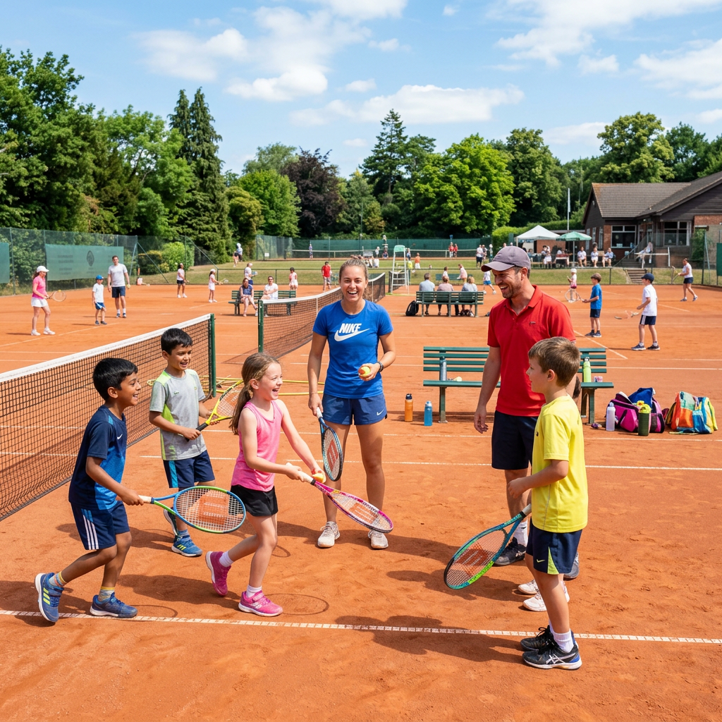 Children holding tennis rackets on a clay court receiving instruction from two adults.